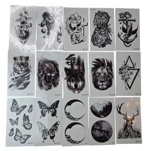 15 Pack Temporary Tattoos Black and White Animal Celestial Floral Designs Set F2